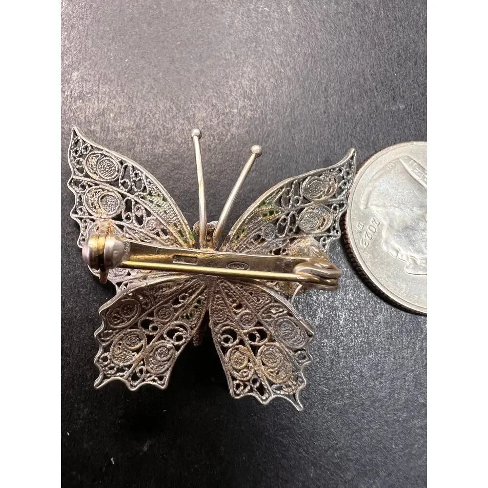 Vintage Alieti Adriana 800 silver Italian enameled filigree butterfly brooch pin